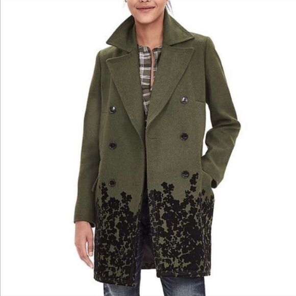 Banana Republic Green and Black Wool Blend Flocked Hem Pea Coat. Size Medium - Picture 1 of 16